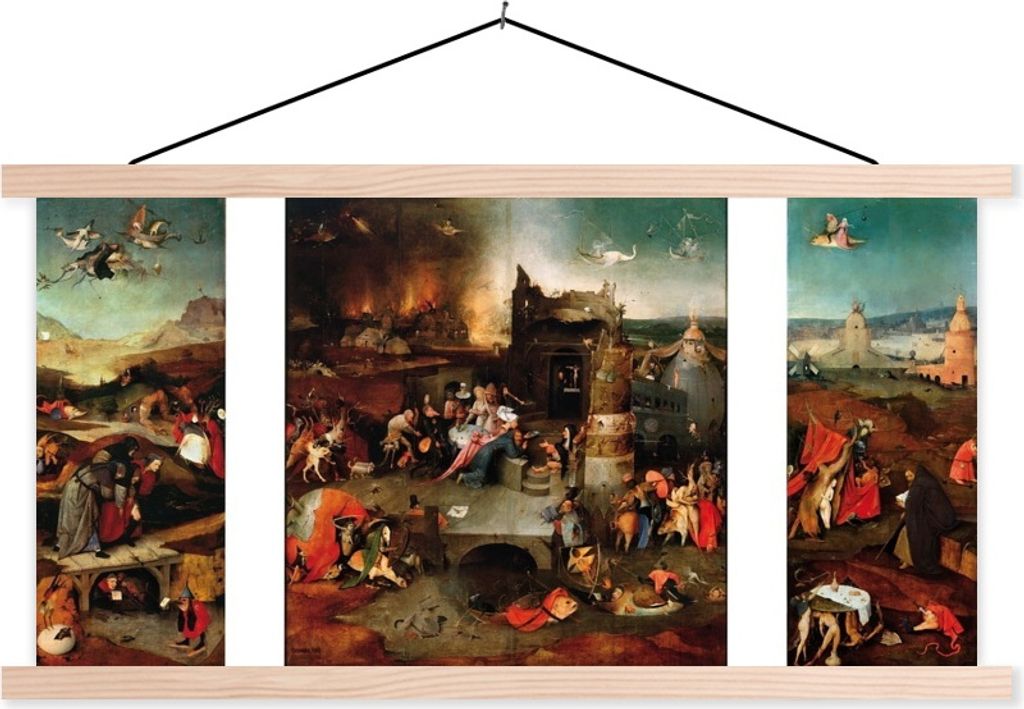 MuchoWow Textilposter Versuchung des Heiligen Antonius - Gemälde von Hieronymus Bosch 120x60 cm mit holzfarbenen Rahmen - Klemmleiste