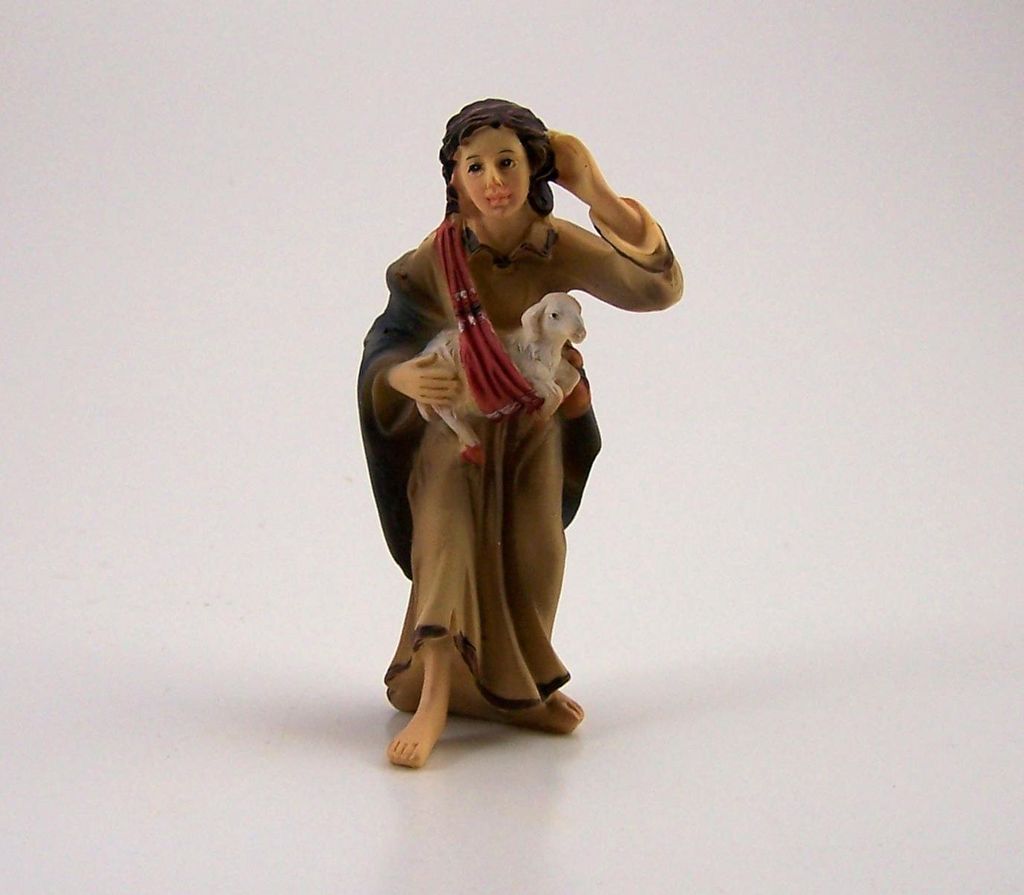 Hirte mit Schaf. Krippenfigur aus Polyresin, handbemalt. Für 9 cm.