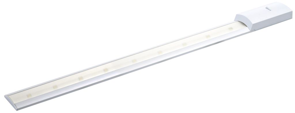 A white LED under-cabinet light strip is shown against a white background.