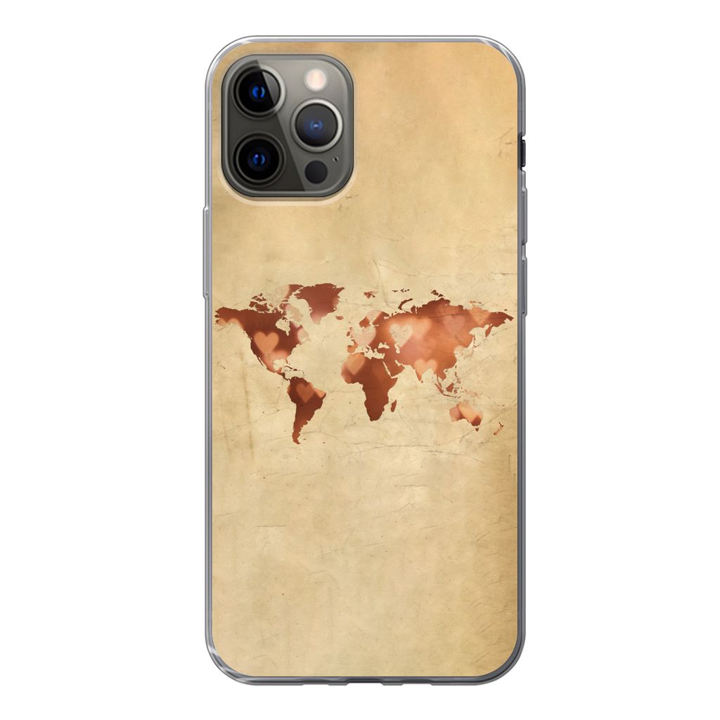 MuchoWow Handyhülle Schutzhülle Hülle für iPhone 12 Pro Weltkarte - Herz - Braun Silikon Softcase Handy Hülle - Abdeckung