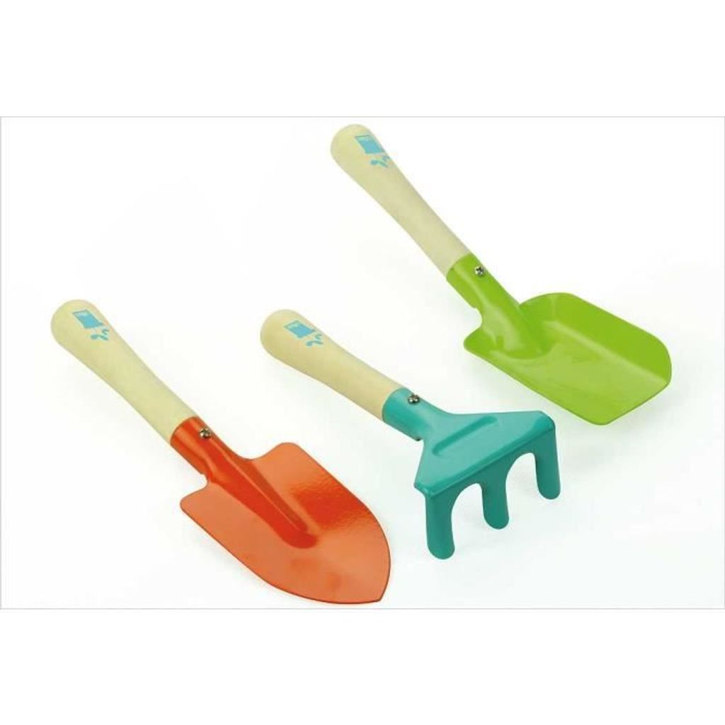 Vilac Gartenspielzeug Set 3-teilig klein – Schaufel, Rechen, Hacke aus Holz & Metall