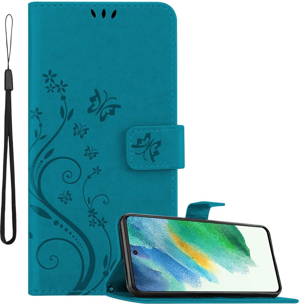 Cadorabo Hülle für Samsung Galaxy S21 FE in FLORAL BLAU Schutzhülle im Blumen Design mit Magnetverschluss, Standfunktion und Kartenfächern Flip...