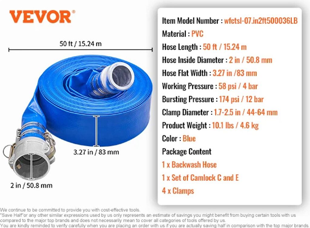 VEVOR Pool-Abflussschlauch, 2 Zoll Durchmesser, 50 Fuß lang,Aluminiumverbinder