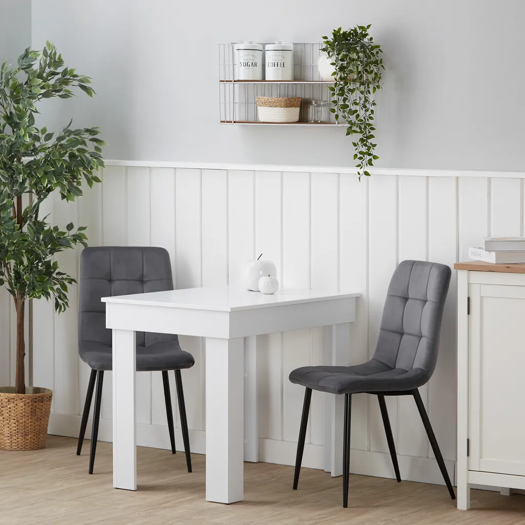 Table à Manger Bois Blanc 90cm et Chaises Velours Gris Haute Qualité