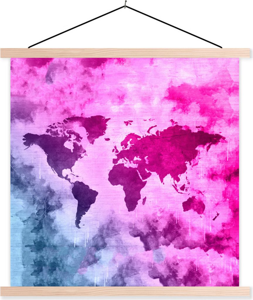 MuchoWow Textilposter Weltkarte - Rosa - Abstrakt 120x120 cm mit holzfarbenen Rahmen - Textil-Poster