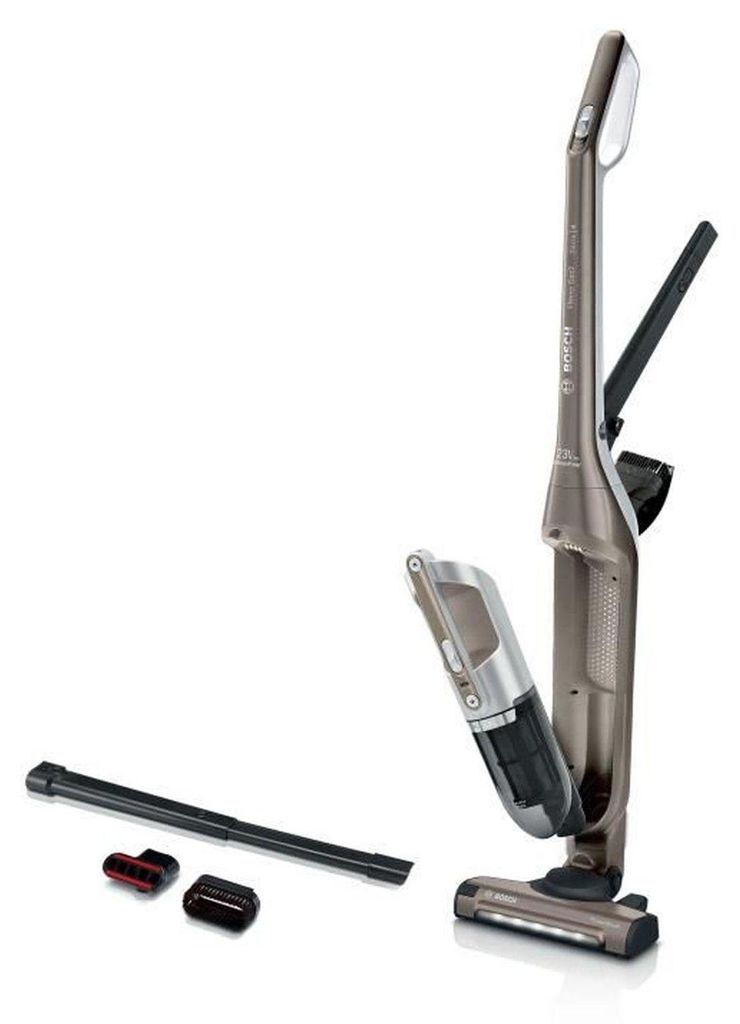 A cordless vacuum cleaner and its accessories are displayed against a white background.