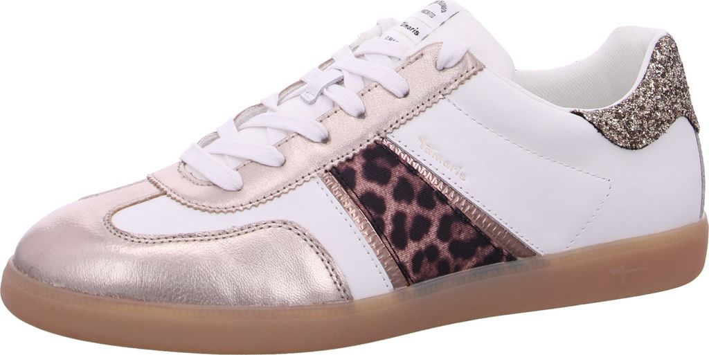 A single white sneaker with gold and leopard print accents is shown against a white background.
