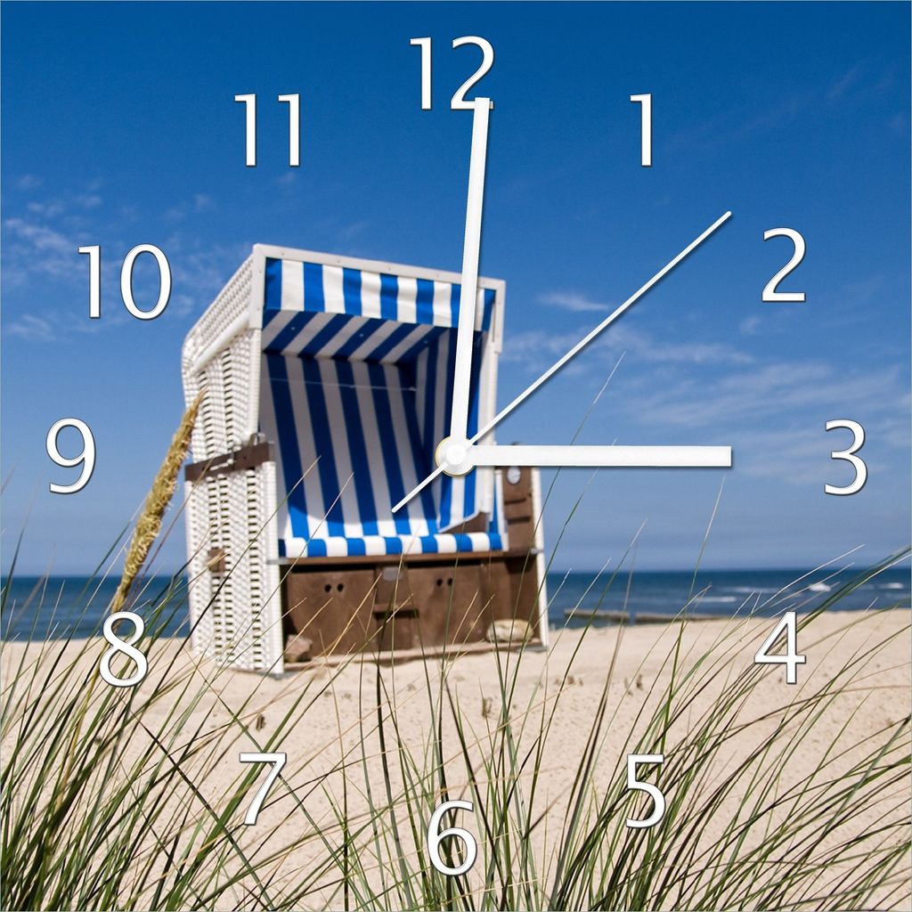 Wallario Design Wanduhr Strandkorb aus Echtglas, Größe 30 x 30 cm
