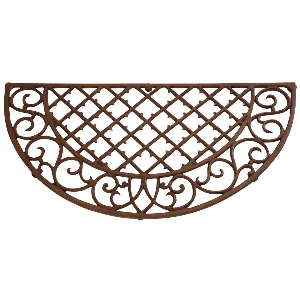 A brown, semi-circular doormat with a lattice pattern and decorative scrollwork.
