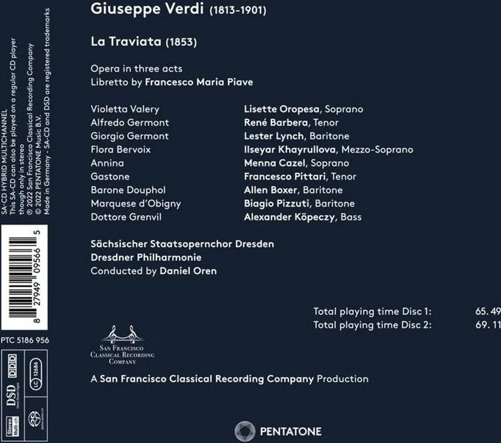 La Traviata de Verdi CD : Oropesa, Barbera et Dresdner Philharmonie