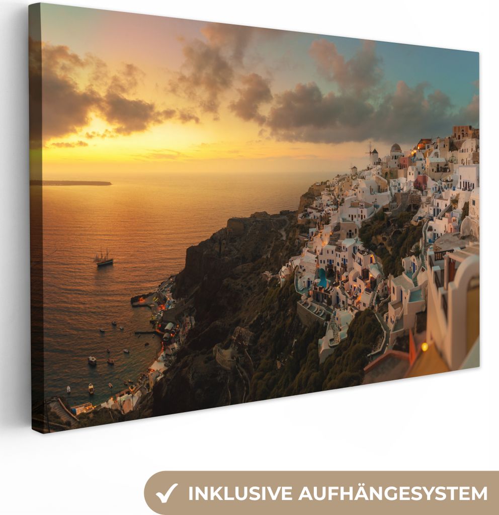 OneMillionCanvasses - Leinwandbilder - 150x100 cm, Das Fischerdorf von Santorini Griechenland bei Sonnenuntergang, Wandbilder Kunstdruck Wanddeko...