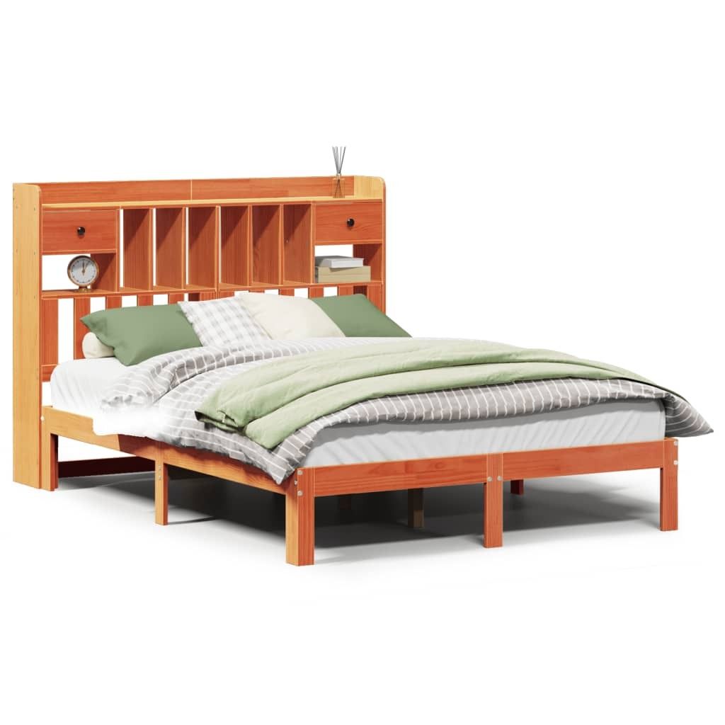 "SALE 2026"Massivholzbett - Bettrahmen - Bettgestell - Doppelbett - mit Regal ohne Matratze Wachsbraun 140x200 cm - Polsterbett Klassische Betten D...