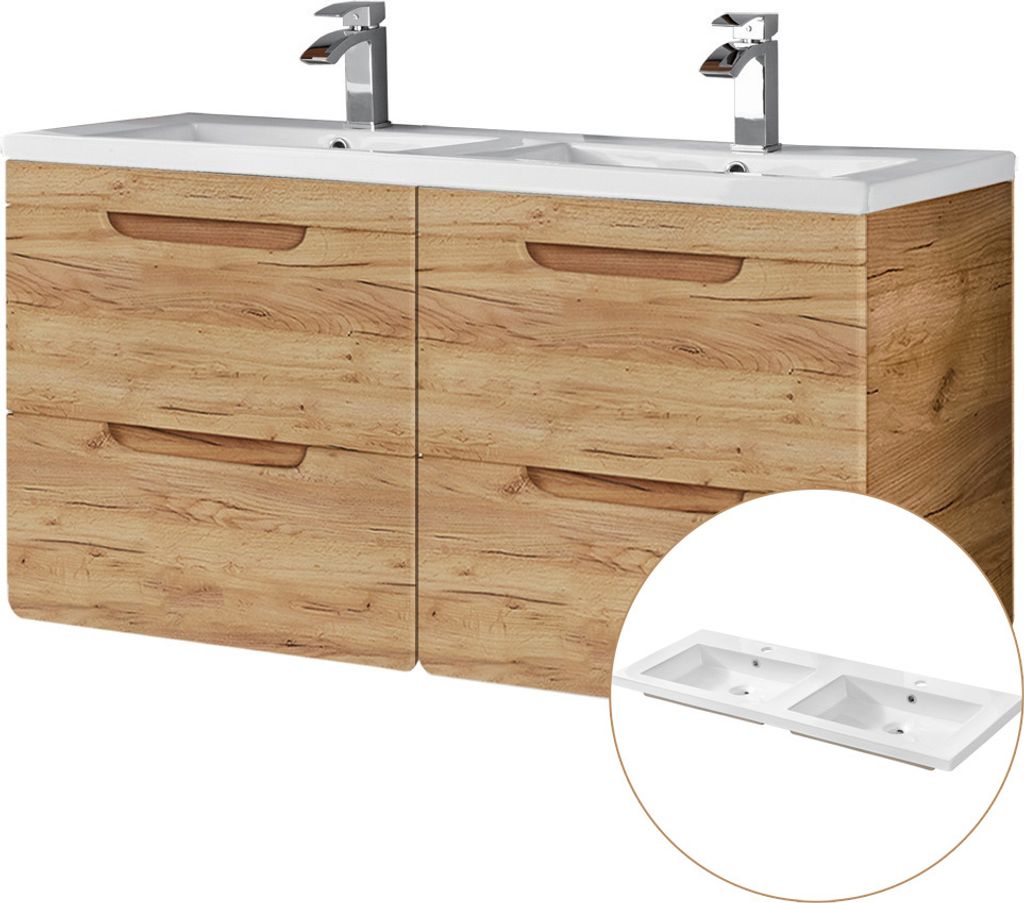 Doppel-Waschtisch 121cm Wotan Eiche Nb. LUTON-56-CRAFT Keramikwaschbecken B/H/T ca. 121/63/46 cm