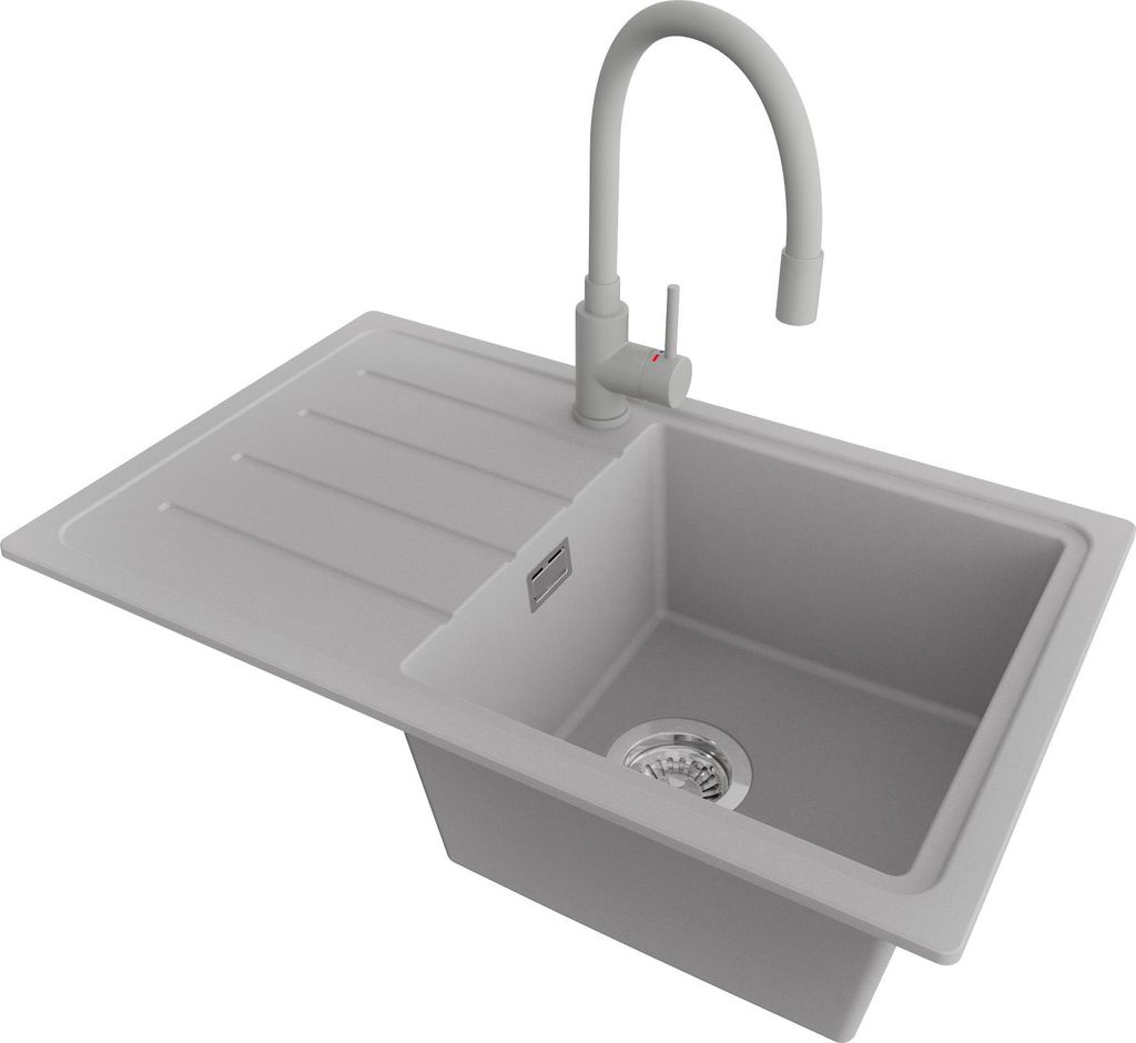 PRIMAGRAN Granitspüle Grau 70x44cm, Spülbecken 1 Becken + Küchenarmatur 38x14cm + Ablauf-Set, Küchenspüle ab 45er Unterschrank - Kopenhagen Easy