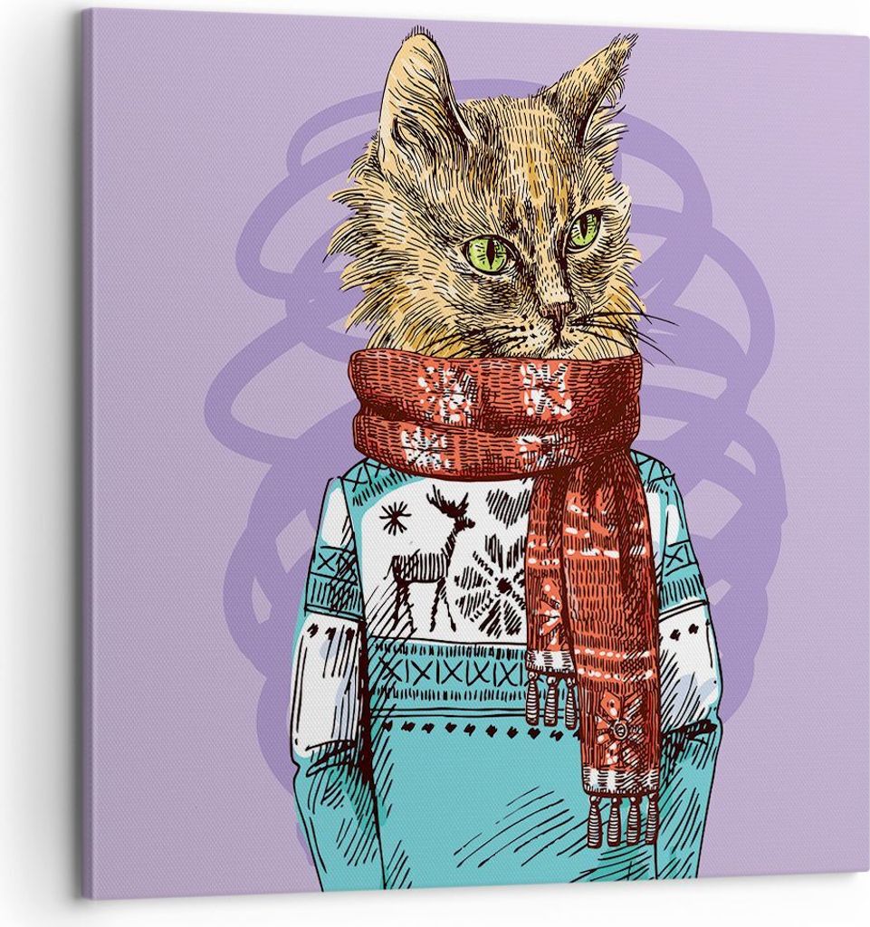 Bild auf Leinwand - Leinwandbild - Katze Schal Illustration hipster - 60x60cm - Wand Bild - Wanddeko - Leinwanddruck - Bilder - Kunstdruck - Wandde...