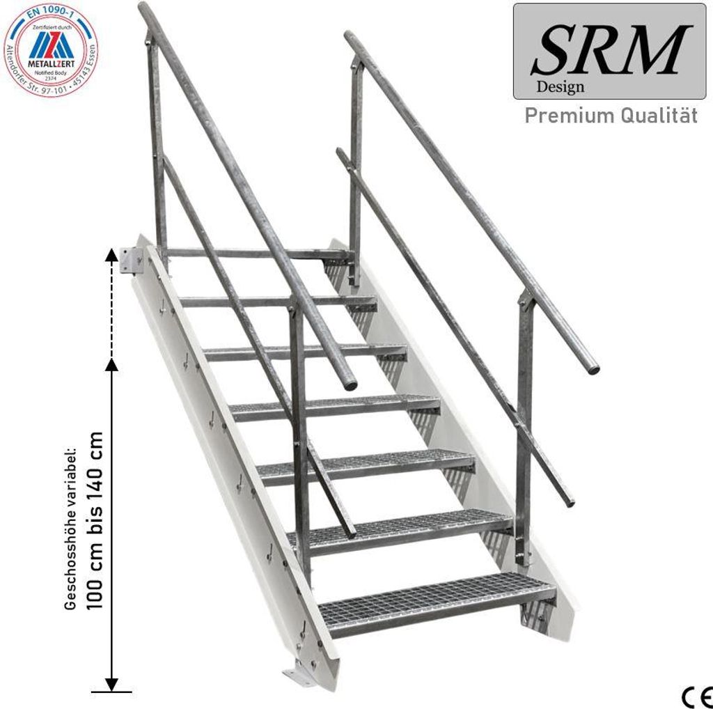 7 Stufen Stahltreppe Weiß Breite 60 cm Geschosshöhe 100 - 140 cm 2x Geländer