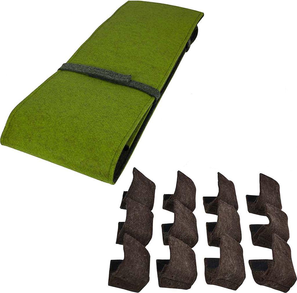 Bierbankauflage + Bodenschoner für Bierzeltgarnitur 220cm x 25cm (1 Stk.) + 12 Bodenschoner Auflage: Grau-Grün | Schoner: Braun