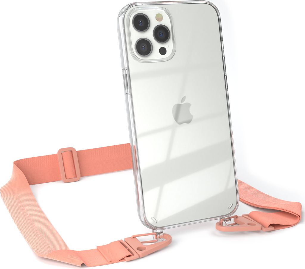 EAZY CASE - Hülle mit Band für Apple iPhone 12 Pro Max, Handyhülle mit Umhängeband, Silikonhülle transparent, Handykette in Orange