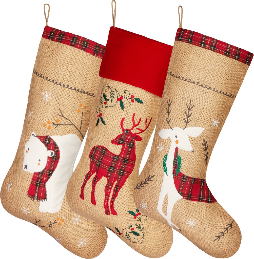 BRUBAKER 3er Set Weihnachtsstrümpfe zum Befüllen und Aufhängen - Rentiere und Eisbär - 52 cm große Nikolausstrümpfe