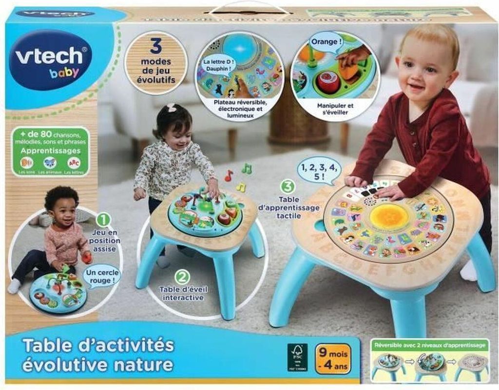 A Vtech Baby activity table with children playing with it, presented on product packaging.