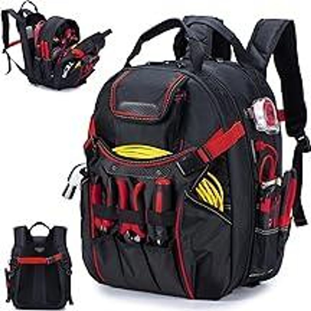 BAGZY Werkzeugrucksack Elektriker mit 17 Zoll Laptop -Abteil Oxford Wasserdichte Werkzeugsatz Rucksack mit USB-Anschluss Tragbar Herren Werkzeugtas...