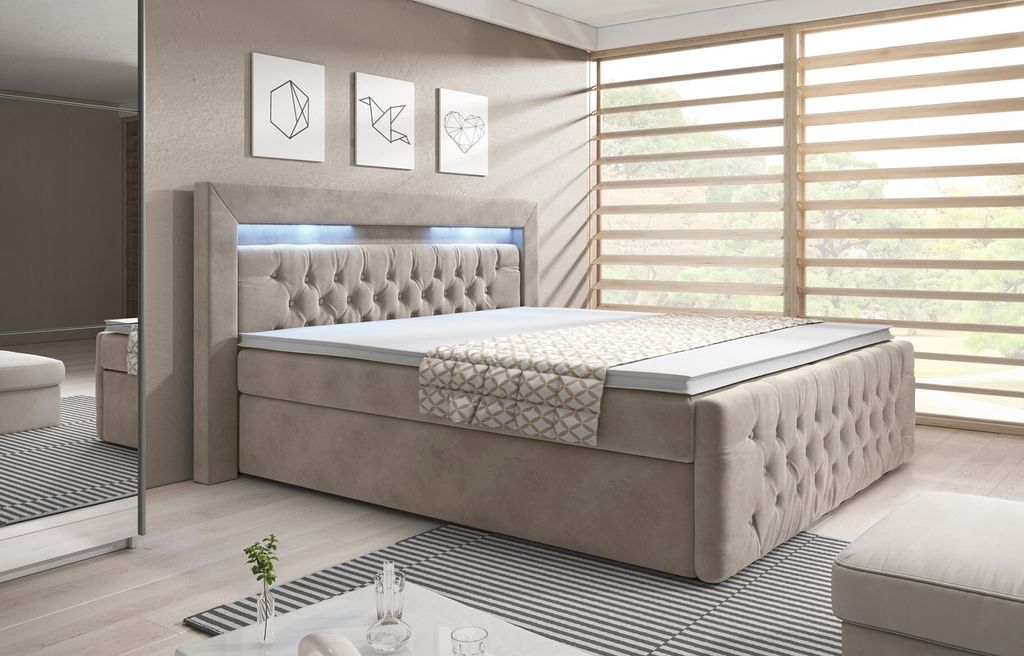 Moebelfest Boxspringbett 180x200 cm mit Bunt LED-Beleuchtung: Polsterbett mit 2 Bettkästen, 2 Taschenfederkernmatratzen 7 Zonen, Topper sowie Kopf...