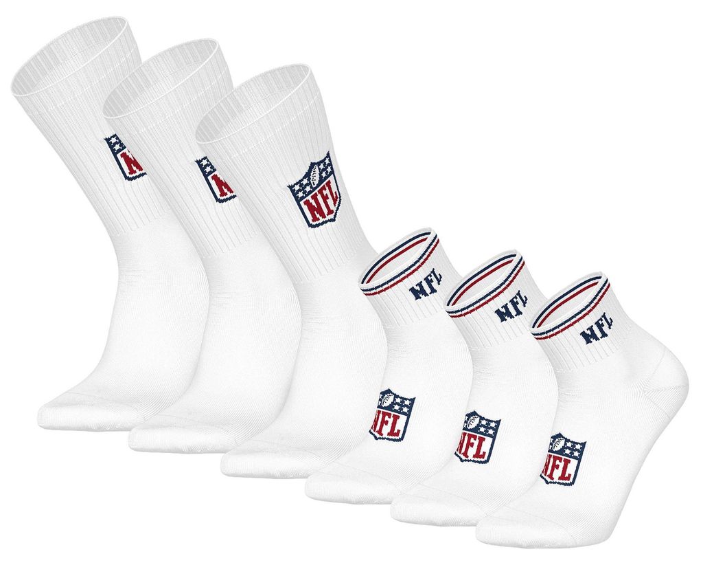 NFL Uni Socken, 6er Pack - NFL Shield 3Pack Crew Socks, 3Pack Quarter Socks, Streifen, Logo, Baumwollmischung Weiß 39-42