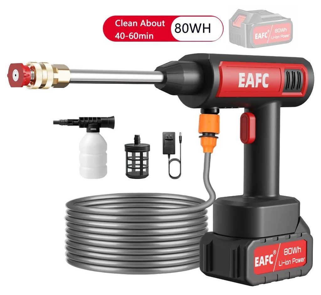 Akku Hochdruckreiniger - Waschpistole - 60 Bar Druck - 80 Wh Akku - 5–10 m Schlauch - Kupferteile - Wasserstrahl - Blau