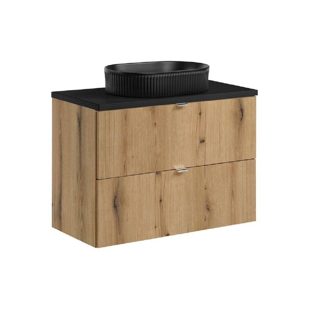 Badmöbel-Set 80 cm mit Arbeitsplatte, Aufsatzwaschbecken & unterschrank 2 Schubladen, Nova Oak N BM268 - Evoke Eiche/Schwarz Matt