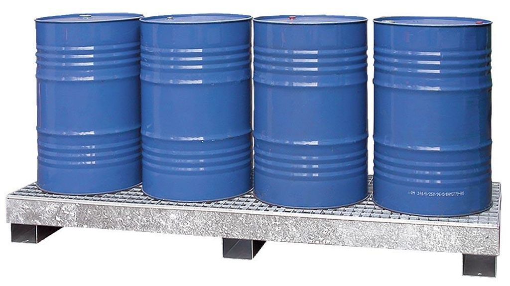 Auffangwanne aus 3 mm Stahlblech, feuerverzinkt, für 4 Stück 200-l-Fässer, stehende Lagerung, Wannenvolumen Auffangvol. 210 l, BxTxH 2400x820x24...