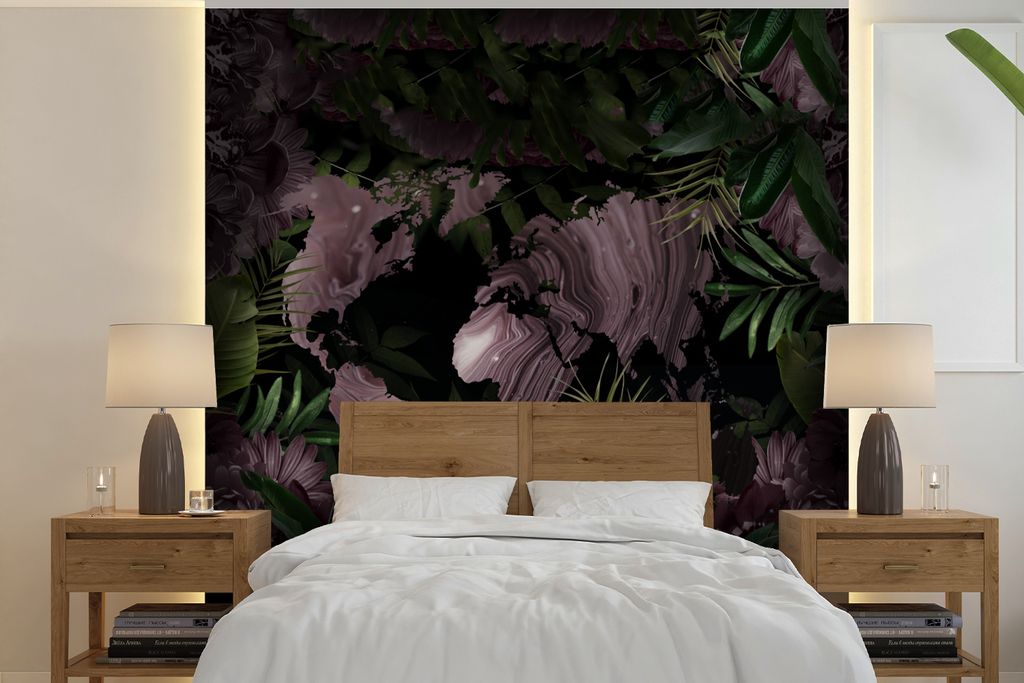 MuchoWow Fototapete für Wohnzimmer oder Schlafzimmer Wandtapete Vinyl Motivtapete Weltkarte - Lila - Pflanzen - 220x220 cm - Tapeten