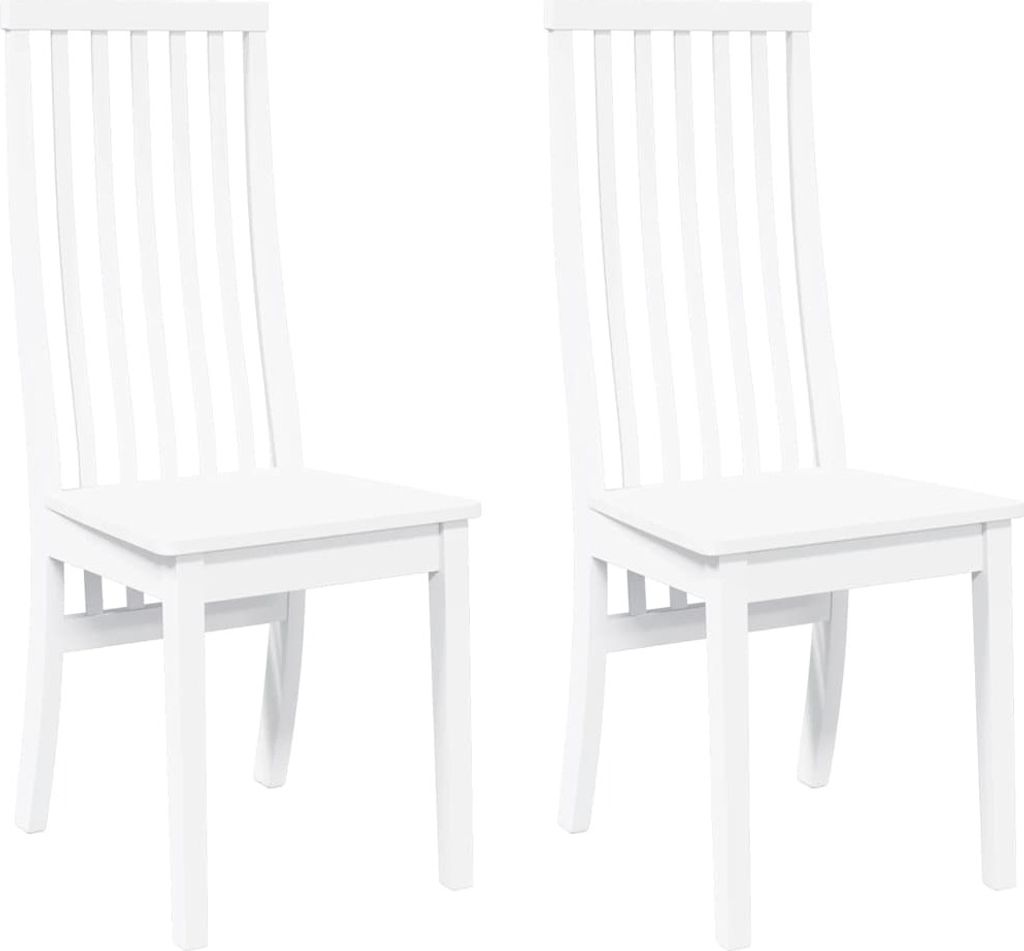 Two white wooden dining chairs are shown against a white background.