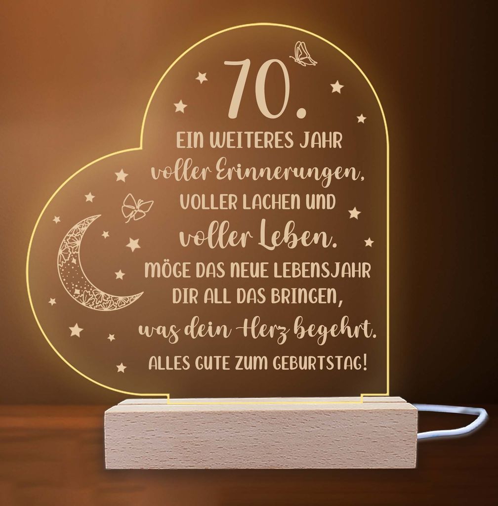 INDIGOS UG - LED Nachttischlampe - 70. Geburtstag - Herz links mit Spruch - Nachtlicht - 3D-LED-Lampe - Geburtstag - Geschenk für Freund, Freundin...