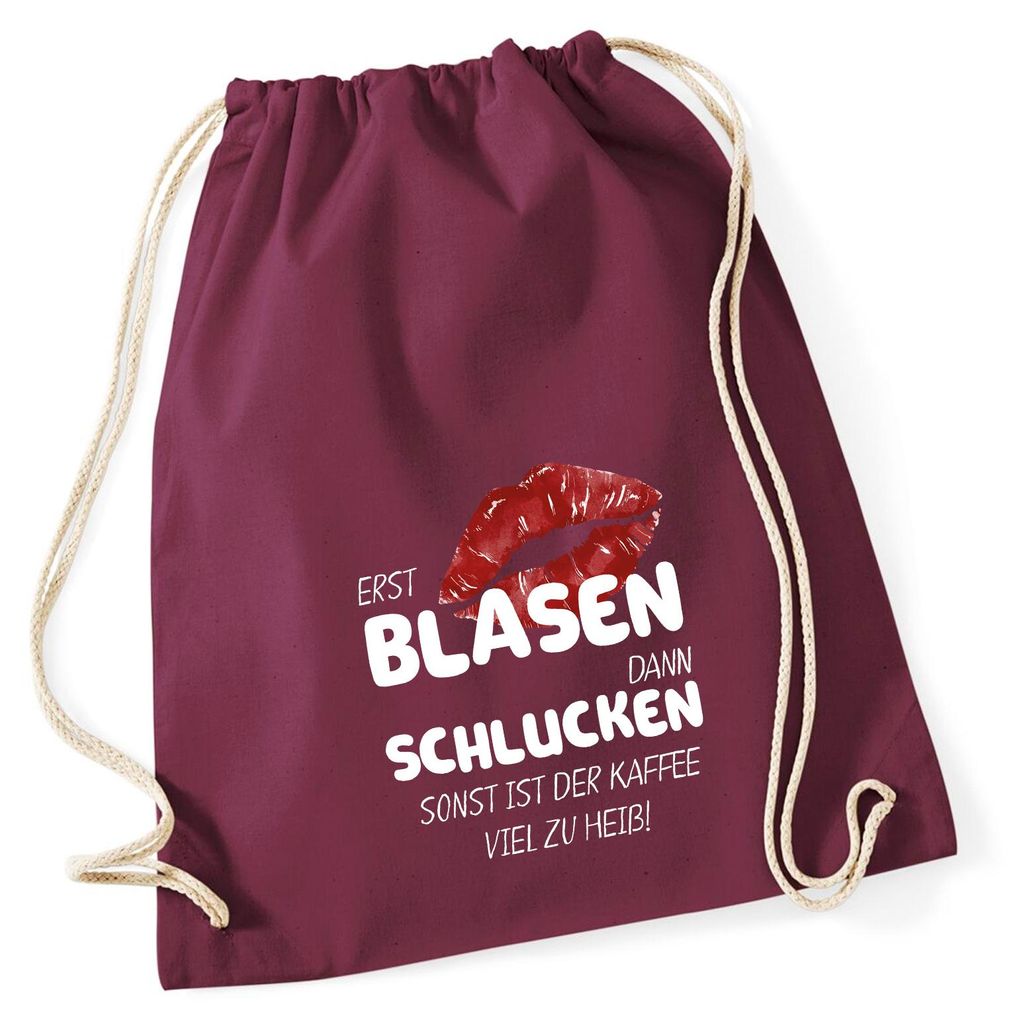 Huuraa Turnbeutel Erst blasen dann schlucken, sonst Kaffee zu heiß 12 Liter Burgundy Baumwolle Rucksack Geschenkidee
