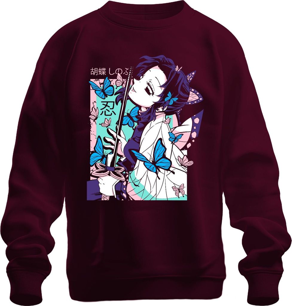 Demon Slayer 胡蝶しのぶ Shinobu Kocho Schmetterling Katana Anime Uni Sweatshirt Pullover, Burgundy, 3XL