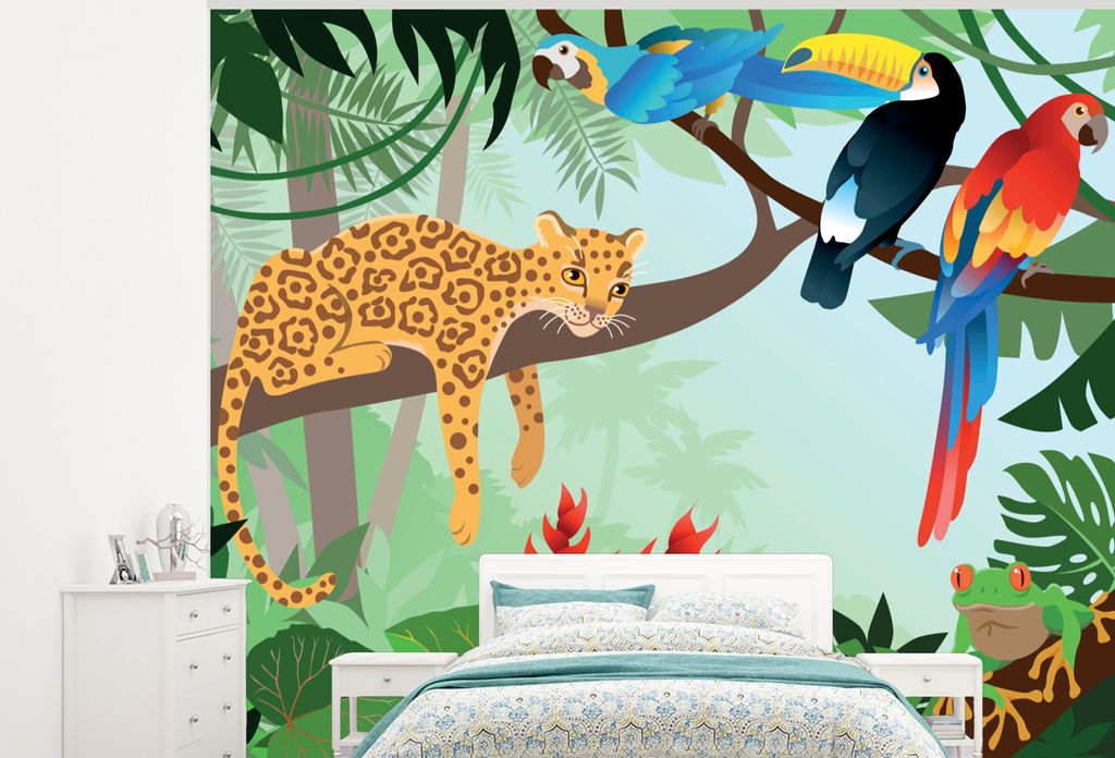 MuchoWow Fototapete für Wohnzimmer oder Schlafzimmer Wandtapete Vinyl Motivtapete Dschungeltiere - Tukan - Jungen - Mädchen - Leopard - 325x260...