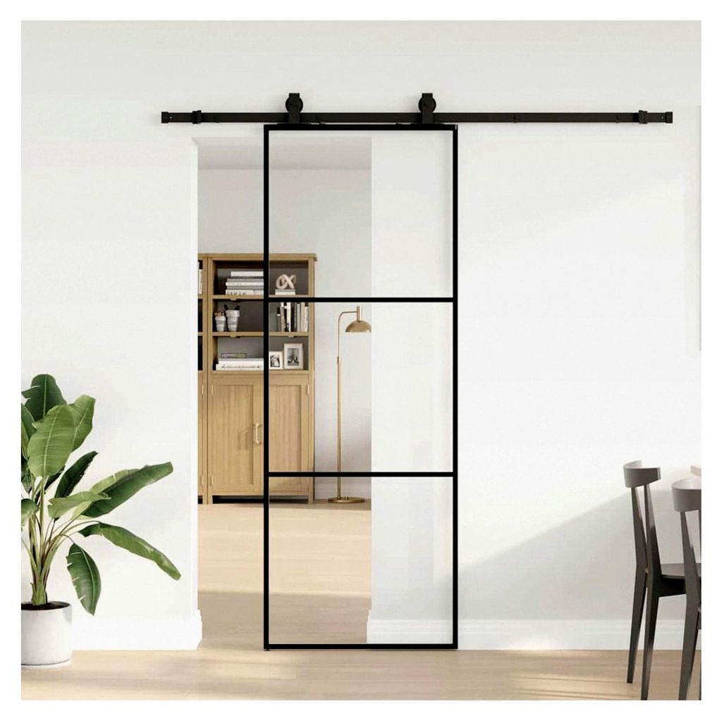 Schiebetür aus ESG-Glas mit Aluminiumrahmen, transparent/schwarz, 76x205cm - Montageanleitung inklusive