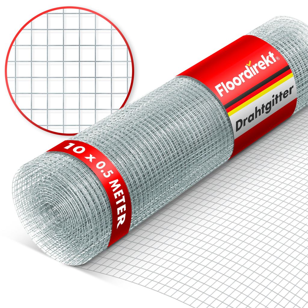 A roll of galvanized wire mesh is shown on a white background, with a close-up inset of the mesh pattern.