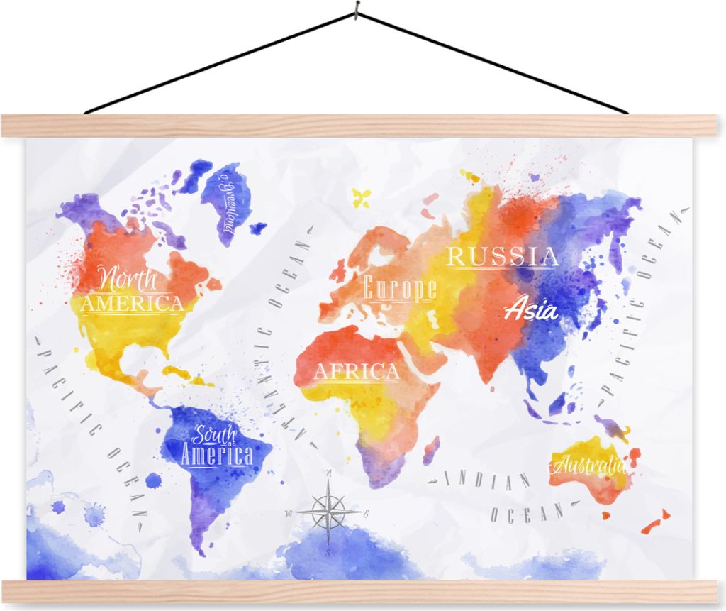 MuchoWow Textilposter Weltkarte - Aquarell - Rot - Blau 120x80 cm mit holzfarbenen Rahmen - Aufhängeset