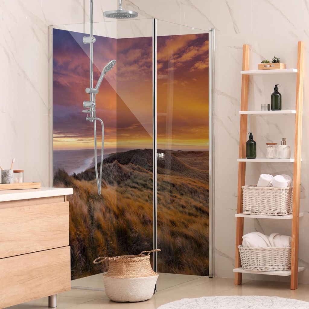 Duschrückwand Strand selbstklebend - 0.35 mm Wandpaneel wasserfest Sonnenuntergang orange Motiv Badrückwand fugenlos Smart matt 110x200 cm