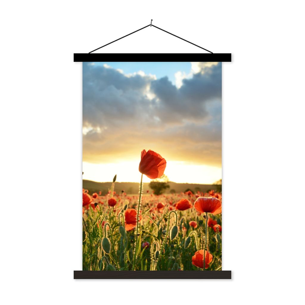 MuchoWow Textilposter Bunter Himmel über vielen Mohnblumen 60x90 cm mit schwarzem Rahmen - Poster Wohnzimmer