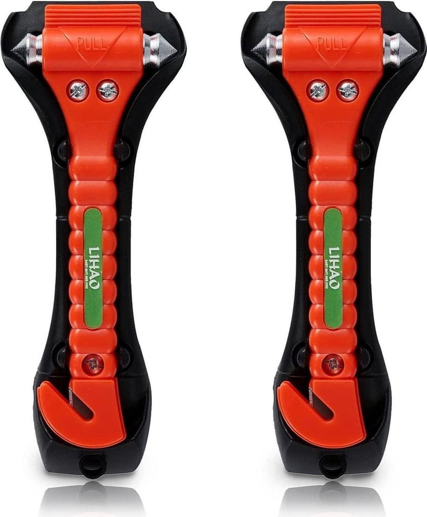 Two orange and black car safety hammers with seatbelt cutters and window breakers.