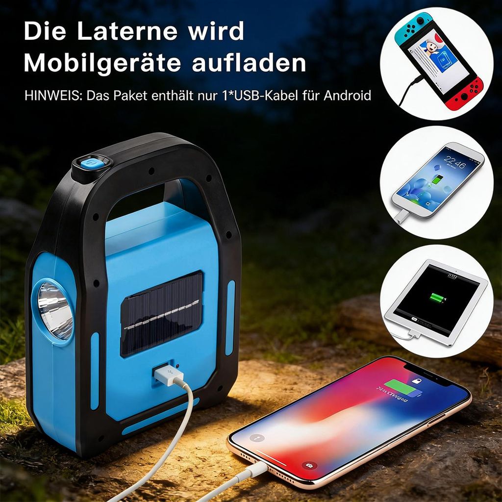 LED Campinglaterne Solar & USB-C – 2400 MAh, 2 Farbtemperaturen, Wasserdicht, Batterieanzeige, 10,5 Cm, Für Outdoor & Notfall