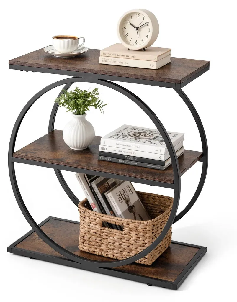 Table d'appoint étroite à 3 niveaux structure métal marron rustique
