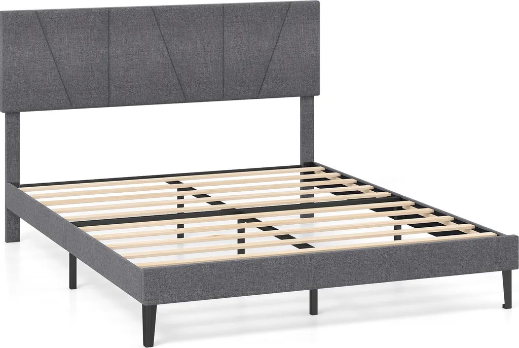 Lit double 160x200cm avec cadre de lit en bois et revêtement lin Gris