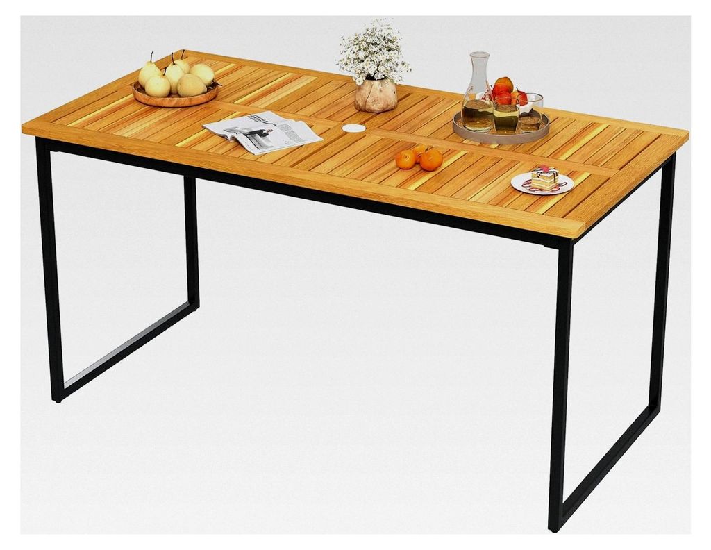 Gartentisch mit Schirmloch, 140x70cm, rechteckiger Tisch für 6 Personen aus Akazienholz, Esstisch für den Außenbereich