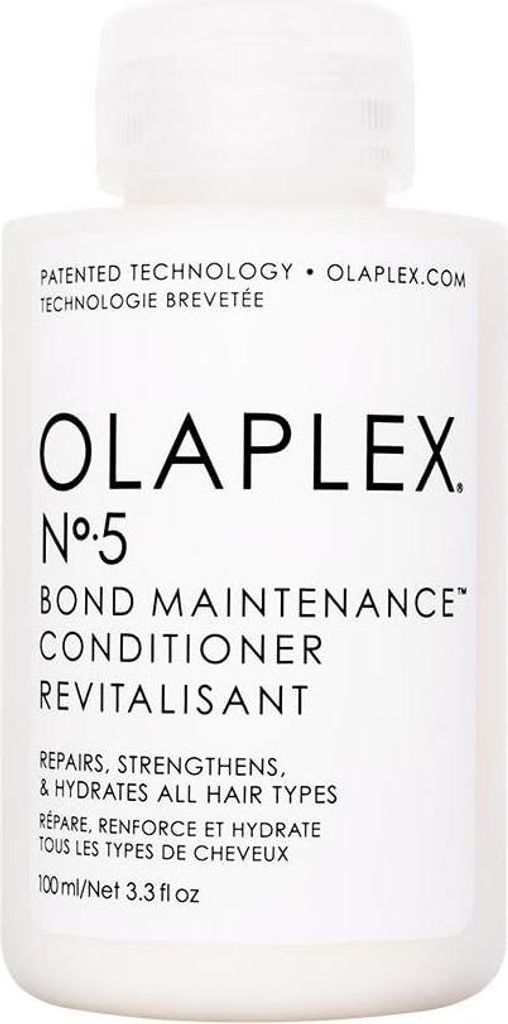 A white bottle of Olaplex No. 5 Bond Maintenance Conditioner.