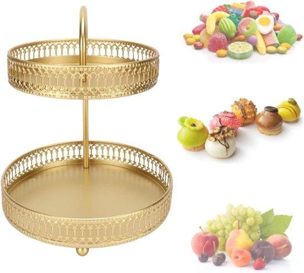 Goldene runde Dessertstandarte - 2 Stücke - für Vintage-Cupcakes - Dekorationsbretter - Süßigkeitsbretter für Festlichkeiten - für Früchte u...