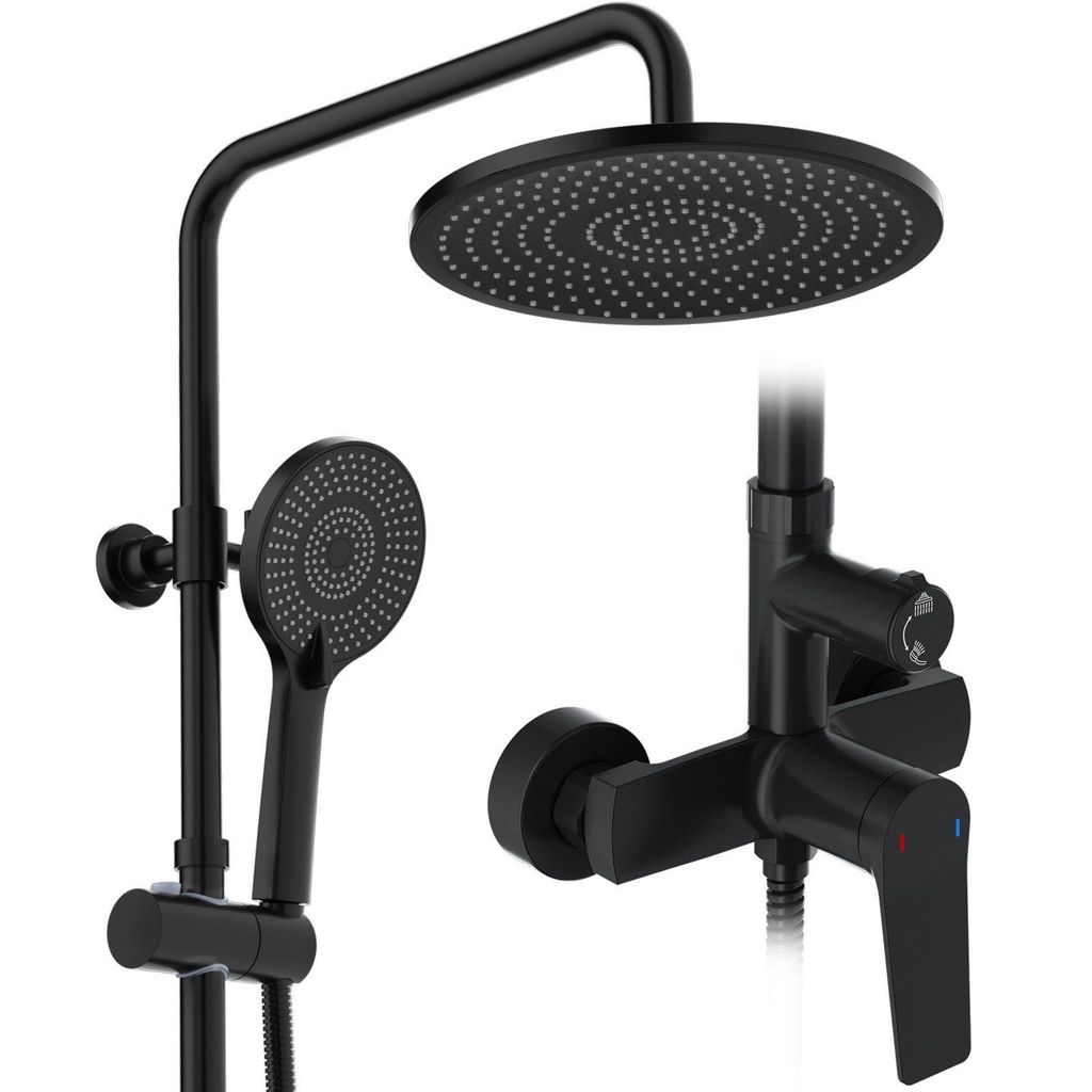 A black shower system with a rain shower head and a hand shower, mounted on a white background.