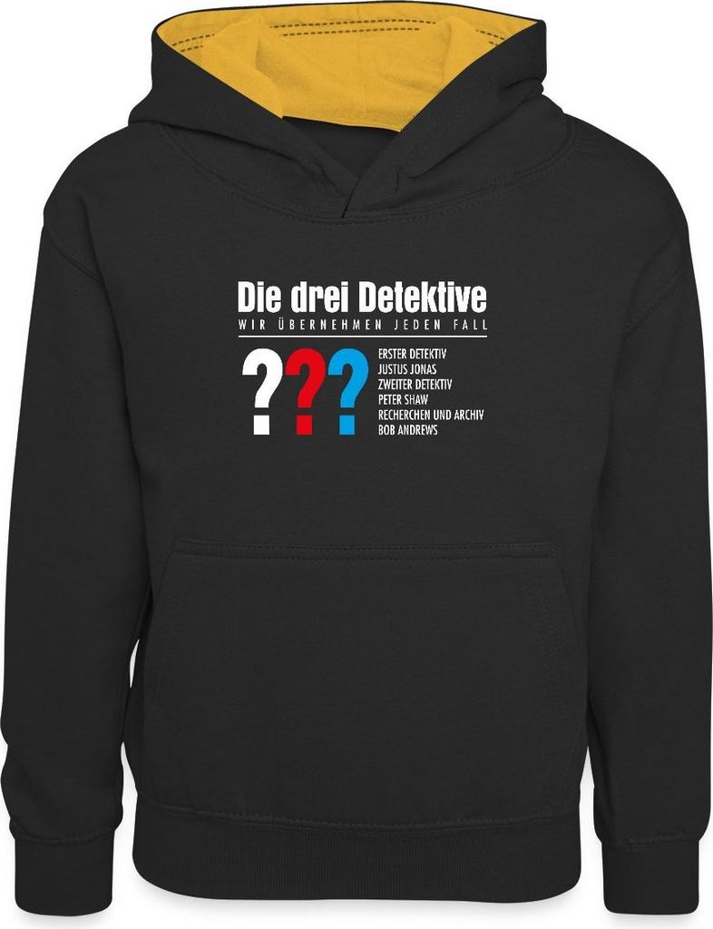 Spreadshirt Die Drei Fragezeichen Detektive Visitenkarte Kinder Kontrast-Hoodie, XS (3/4 years), Schwarz/Gold